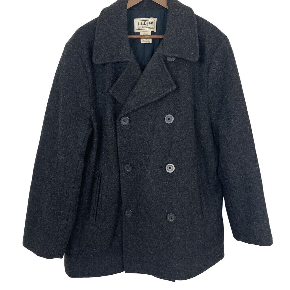 LL Bean Mens 100% Wool Black Pea Coat Double Breasted Size Large Insulated Lined